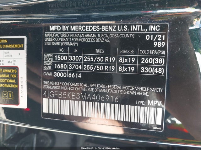 45101312 :رقم المزاد ، 4JGFB5KB3MA406916 vin ، 2021 Mercedes-benz Gle 450 4matic مزاد بيع