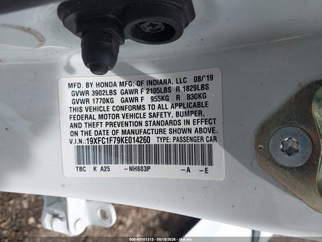 2019 Honda Civic Ex-l მანქანა იყიდება აუქციონზე, vin: 19XFC1F79KE014260, აუქციონის ნომერი: 45101313