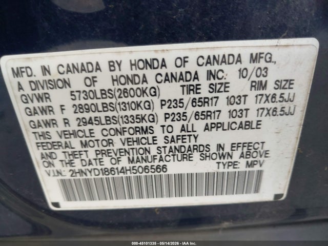 Продаж на аукціоні авто 2004 Acura Mdx, vin: 2HNYD18614H506566, номер лоту: 45101335