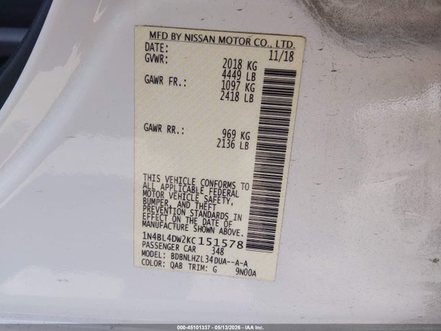 Aukcja sprzedaży 2019 Nissan Altima 2.5 Sv, vin: 1N4BL4DW2KC151578, numer aukcji: 45101337