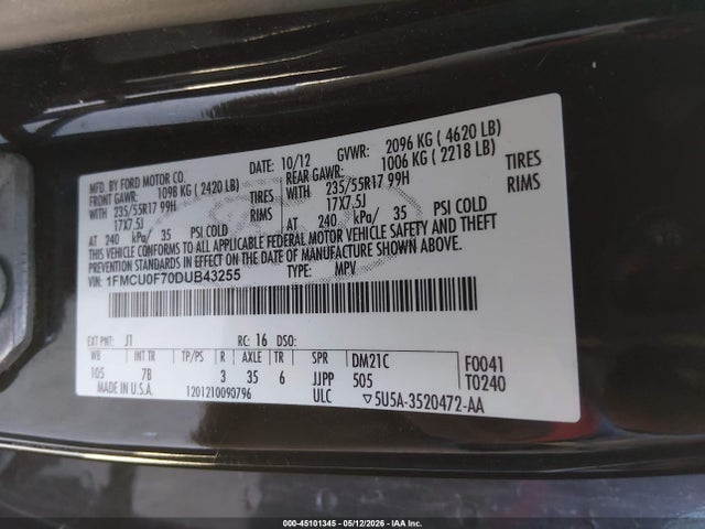 2013 Ford Escape S მანქანა იყიდება აუქციონზე, vin: 1FMCU0F70DUB43255, აუქციონის ნომერი: 45101345