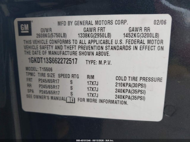 2006 Gmc Envoy Slt მანქანა იყიდება აუქციონზე, vin: 1GKDT13S662272517, აუქციონის ნომერი: 45101346