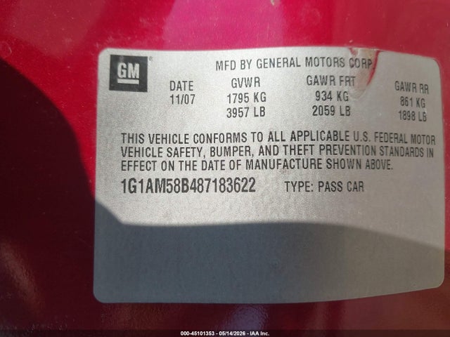2008 Chevrolet Cobalt Sport მანქანა იყიდება აუქციონზე, vin: 1G1AM58B487183622, აუქციონის ნომერი: 45101353