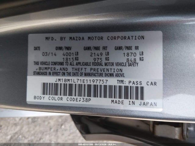 Aukcja sprzedaży 2014 Mazda Mazda3 I Touring, vin: JM1BM1L71E1197757, numer aukcji: 45101356