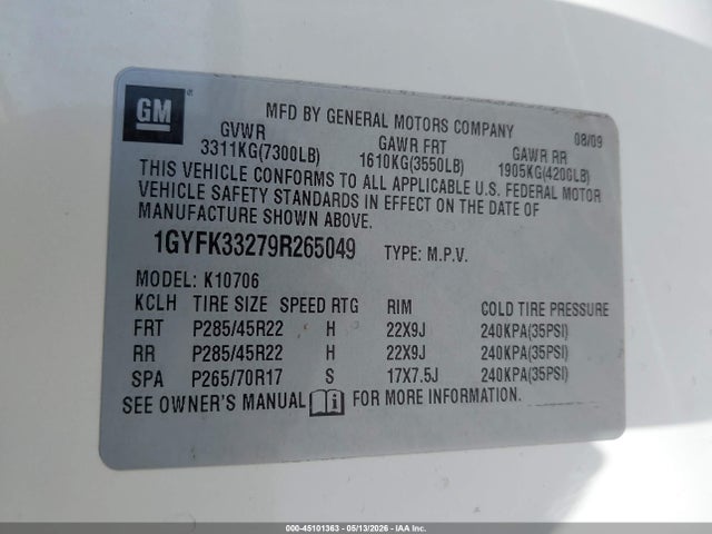 Aukcja sprzedaży 2009 Cadillac Escalade Platinum Edition, vin: 1GYFK33279R265049, numer aukcji: 45101363