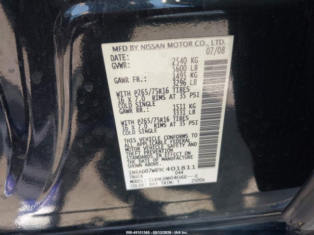 45101365 :رقم المزاد ، 1N6AD07W89C401811 vin ، 2009 Nissan Frontier Pro-4x مزاد بيع