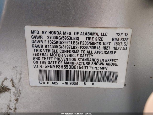 Продажа на аукционе авто 2013 Honda Pilot Ex-l, vin: 5FNYF3H55DB016401, номер лота: 45101367