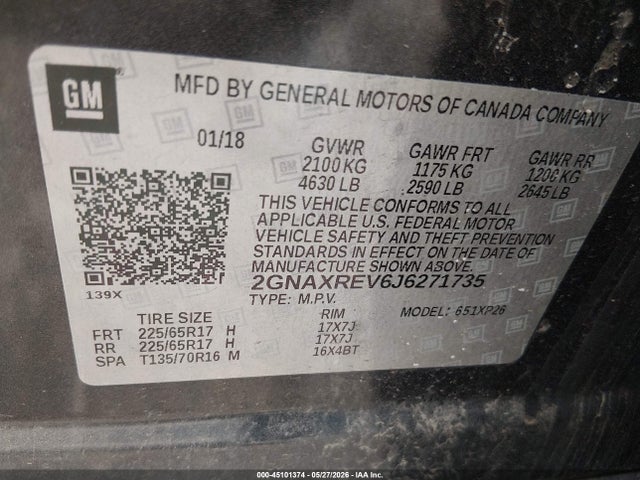 Aukcja sprzedaży 2018 Chevrolet Equinox Ls, vin: 2GNAXREV6J6271735, numer aukcji: 45101374