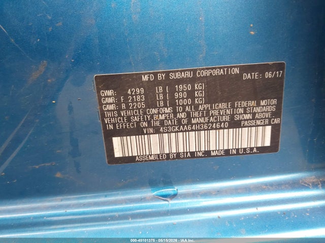 2017 Subaru Impreza 2.0i მანქანა იყიდება აუქციონზე, vin: 4S3GKAA64H3624640, აუქციონის ნომერი: 45101375