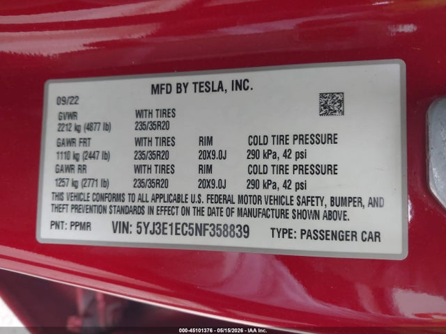 5YJ3E1EC5NF358839 Tesla Model 3 Performance Dual Motor All-wheel Drive
