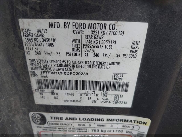 45101378 :رقم المزاد ، 1FTFW1CF0DFC20238 vin ، 2013 Ford F-150 Xlt مزاد بيع