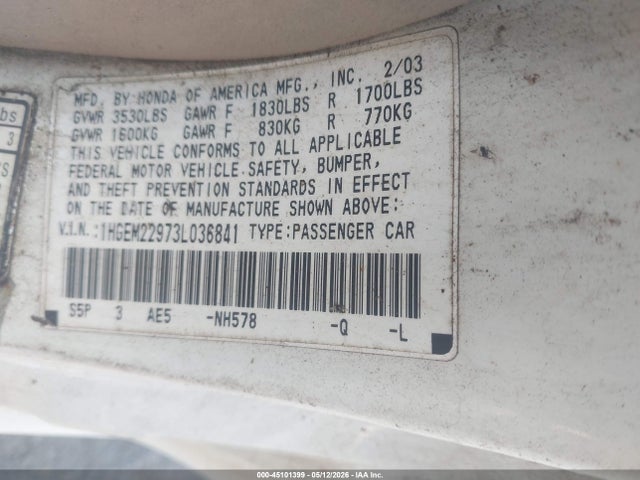 45101399 :رقم المزاد ، 1HGEM22973L036841 vin ، 2003 Honda Civic Ex مزاد بيع