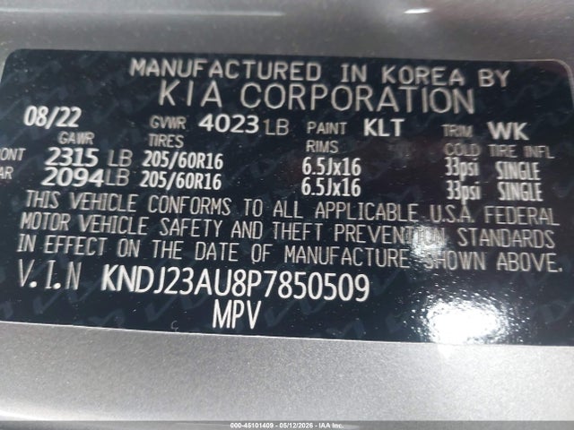 Aukcja sprzedaży 2023 Kia Soul S, vin: KNDJ23AU8P7850509, numer aukcji: 45101409
