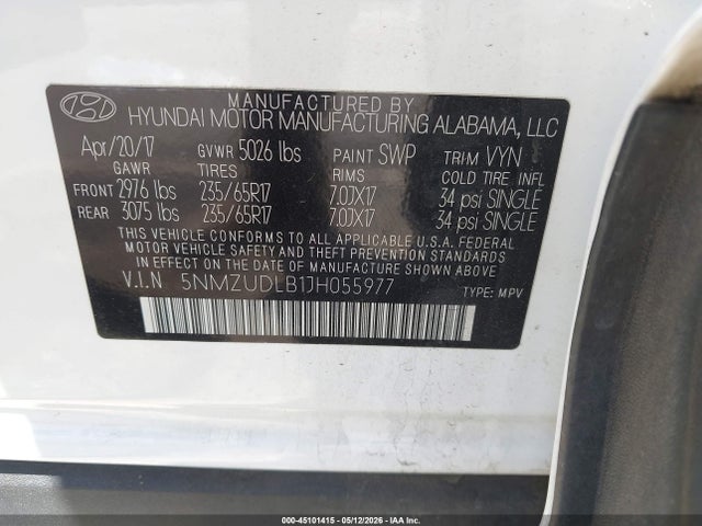 45101415 :رقم المزاد ، 5NMZUDLB1JH055977 vin ، 2018 Hyundai Santa Fe Sport 2.4l مزاد بيع