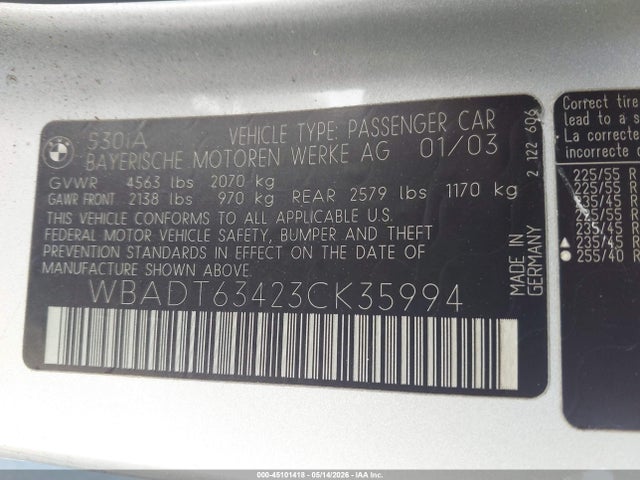 45101418 :رقم المزاد ، WBADT63423CK35994 vin ، 2003 Bmw 530ia مزاد بيع