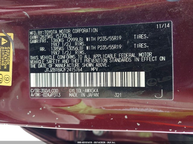 Lexus RX 450H 2015 JTJZB1BA2F2415764 Image 9
