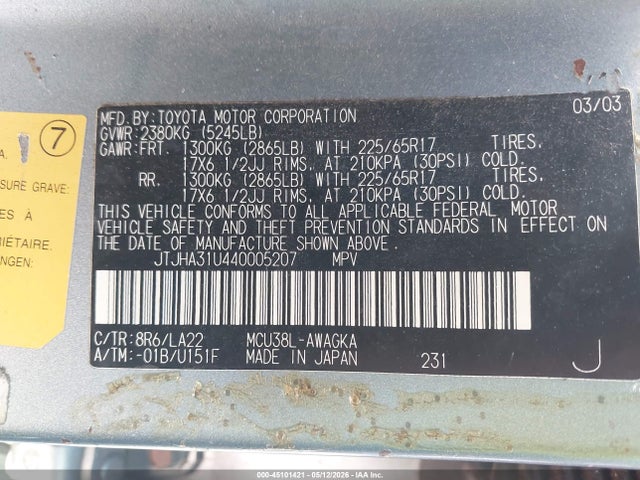 45101421 :رقم المزاد ، JTJHA31U440005207 vin ، 2004 Lexus Rx 330 مزاد بيع