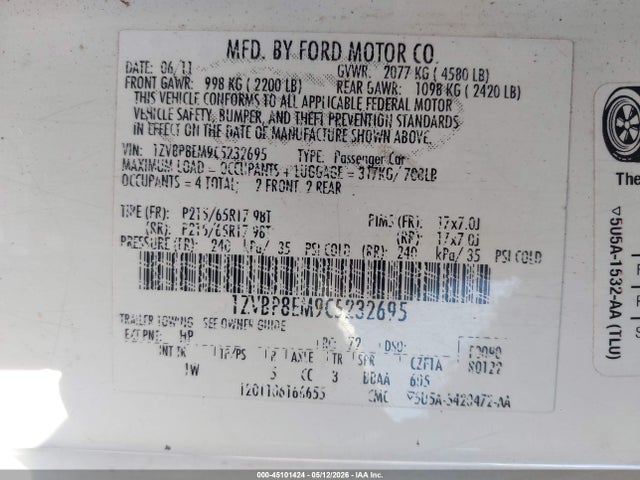 45101424 :رقم المزاد ، 1ZVBP8EM9C5232695 vin ، 2012 Ford Mustang V6 مزاد بيع
