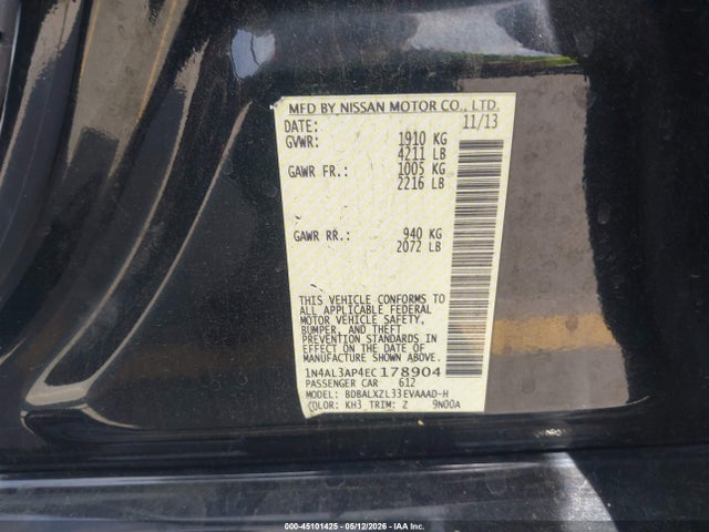 45101425 :رقم المزاد ، 1N4AL3AP4EC178904 vin ، 2014 Nissan Altima 2.5 Sl مزاد بيع