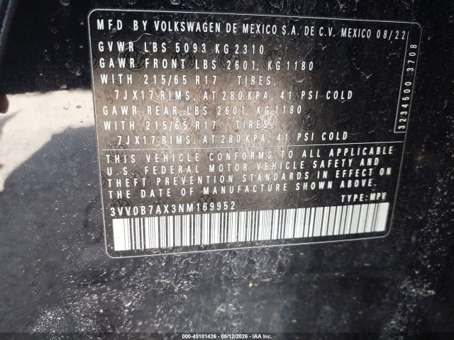 2022 Volkswagen Tiguan 2.0t S მანქანა იყიდება აუქციონზე, vin: 3VV0B7AX3NM169952, აუქციონის ნომერი: 45101426
