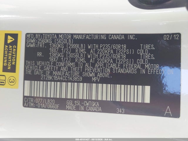 Продажа на аукционе авто 2012 Lexus Rx 350, vin: 2T2BK1BA4CC143859, номер лота: 45101427