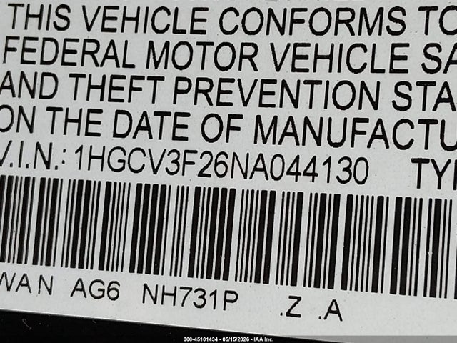 2022 Honda Accord Hybrid Sport მანქანა იყიდება აუქციონზე, vin: 1HGCV3F26NA044130, აუქციონის ნომერი: 45101434