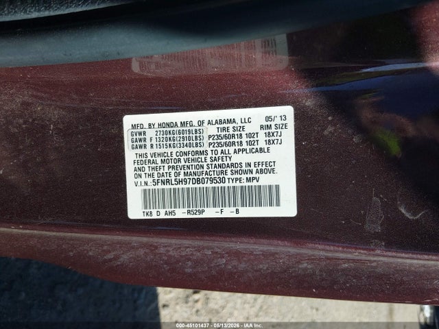 Продаж на аукціоні авто 2013 Honda Odyssey Touring/touring Elite, vin: 5FNRL5H97DB079530, номер лоту: 45101437