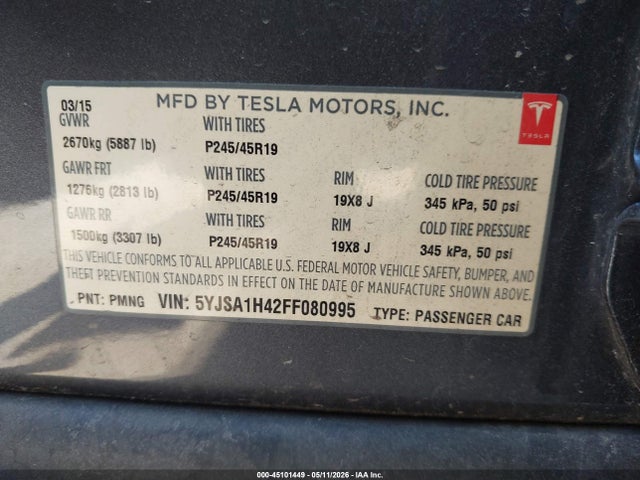 2015 Tesla Model S 85d/p85d მანქანა იყიდება აუქციონზე, vin: 5YJSA1H42FF080995, აუქციონის ნომერი: 45101449