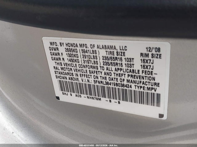 Продажа на аукционе авто 2009 Honda Odyssey Ex, vin: 5FNRL38419B038424, номер лота: 45101458