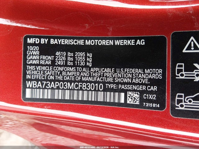 2021 Bmw 430i Xdrive მანქანა იყიდება აუქციონზე, vin: WBA73AP03MCF83010, აუქციონის ნომერი: 45101466