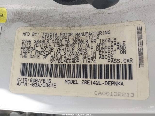 2013 Toyota Corolla Le მანქანა იყიდება აუქციონზე, vin: 5YFBU4EE9DP111974, აუქციონის ნომერი: 45101468