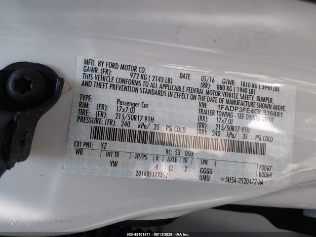 Продажа на аукционе авто 2016 Ford Focus Se, vin: 1FADP3FE4GL336881, номер лота: 45101471