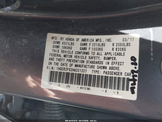 Auction sale of the 2017 Honda Accord Ex-l, vin: 1HGCR2F82HA201207, lot number: 45101475