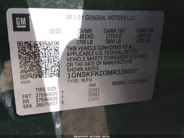 Aukcja sprzedaży 2021 Chevrolet Suburban 4wd Premier, vin: 1GNSKFKD3MR135097, numer aukcji: 45101479