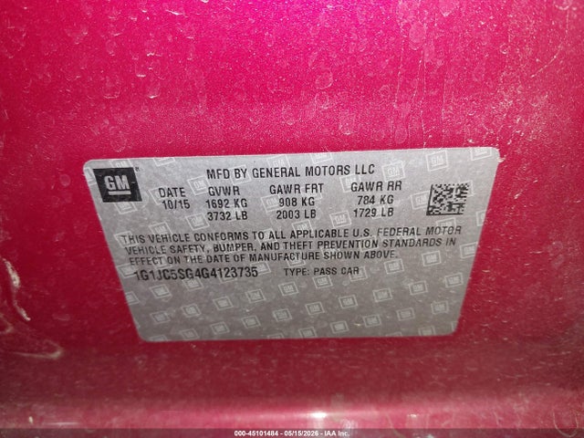 Продаж на аукціоні авто 2016 Chevrolet Sonic Lt Auto, vin: 1G1JC5SG4G4123735, номер лоту: 45101484