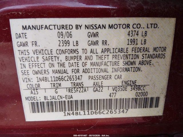 Auction sale of the 2006 Nissan Altima 3.5 Se, vin: 1N4BL11D66C265347, lot number: 45101487