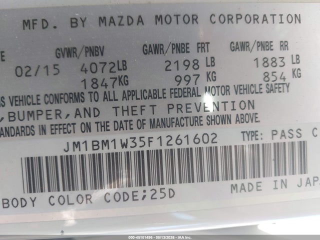 45101496 :رقم المزاد ، JM1BM1W35F1261602 vin ، 2015 Mazda Mazda3 S Grand Touring مزاد بيع