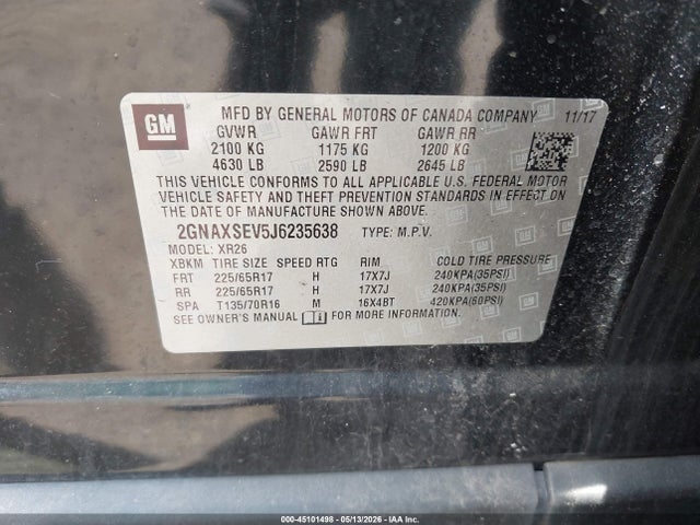 45101498 :رقم المزاد ، 2GNAXSEV5J6235638 vin ، 2018 Chevrolet Equinox Lt مزاد بيع