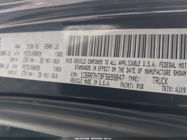 2015 Ram 1500 Sport მანქანა იყიდება აუქციონზე, vin: 1C6RR7HT9FS699847, აუქციონის ნომერი: 45101506