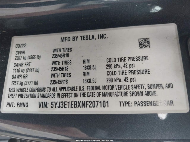 5YJ3E1EBXNF207101 Tesla Model 3 Long Range Dual Motor All-wheel Drive