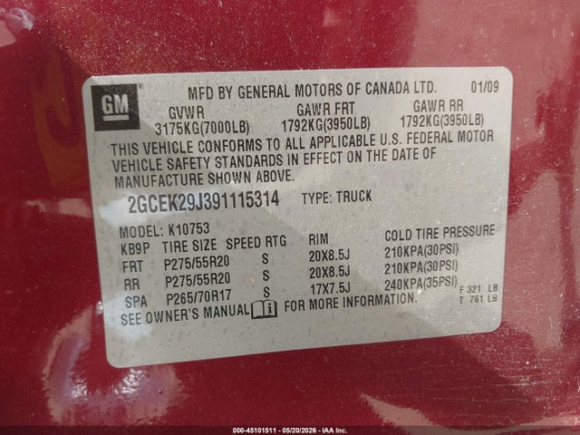 Aukcja sprzedaży 2009 Chevrolet Silverado 1500 Lt, vin: 2GCEK29J391115314, numer aukcji: 45101511