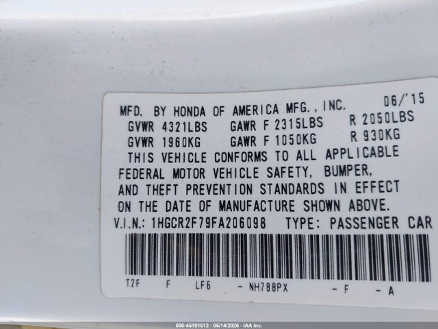 Honda ACCORD EX 2015 1HGCR2F79FA206098 Image 9