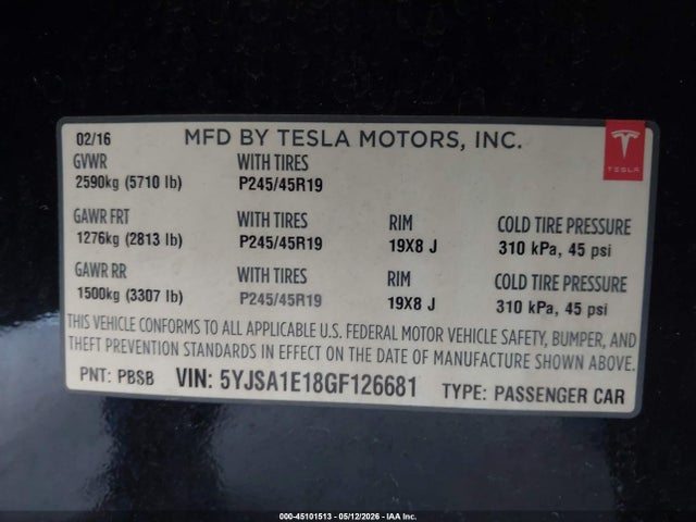 Aukcja sprzedaży 2016 Tesla Model S 60/70/75/85, vin: 5YJSA1E18GF126681, numer aukcji: 45101513