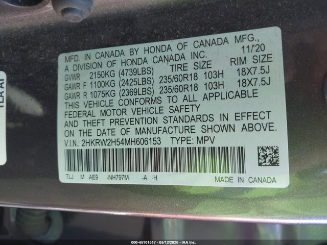 2HKRW2H54MH606153 Honda Cr-v Awd Ex