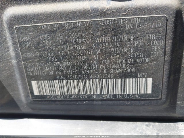 Aukcja sprzedaży 2011 Subaru Outback 2.5i, vin: 4S4BRBAC5B3367346, numer aukcji: 45101518