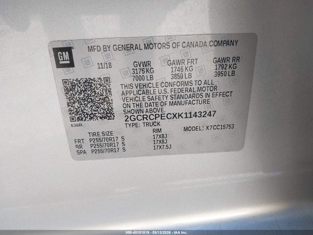 45101519 :رقم المزاد ، 2GCRCPECXK1143247 vin ، 2019 Chevrolet Silverado 1500 Ld Lt مزاد بيع
