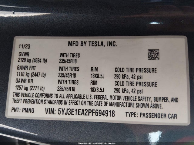 2023 Tesla Model 3 Rear-wheel Drive მანქანა იყიდება აუქციონზე, vin: 5YJ3E1EA2PF694918, აუქციონის ნომერი: 45101523