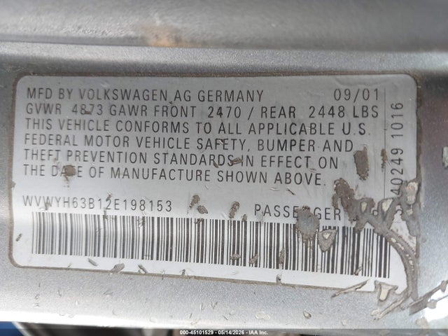 Aukcja sprzedaży 2002 Volkswagen Passat Glx, vin: WVWYH63B12E198153, numer aukcji: 45101529