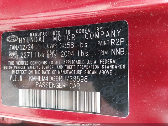 45101533 :رقم المزاد ، KMHLM4DG9RU733598 vin ، 2024 Hyundai Elantra Sel مزاد بيع