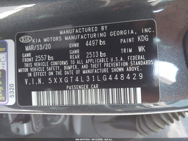 2020 Kia Optima S მანქანა იყიდება აუქციონზე, vin: 5XXGT4L31LG448429, აუქციონის ნომერი: 45101534